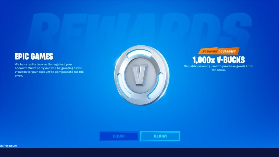 Epic Games 向發出錯誤警告的玩家提供 V-Bucks。