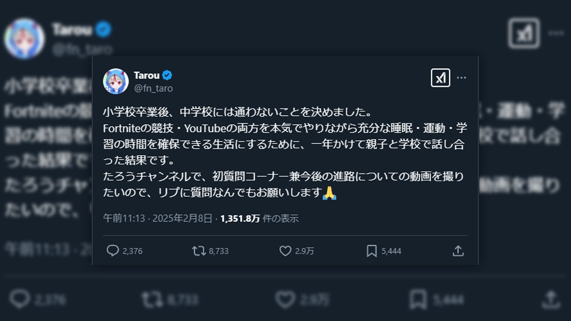 小學生塔魯（Tarou）從小學畢業後引起爭議，他報導他不會上初中。